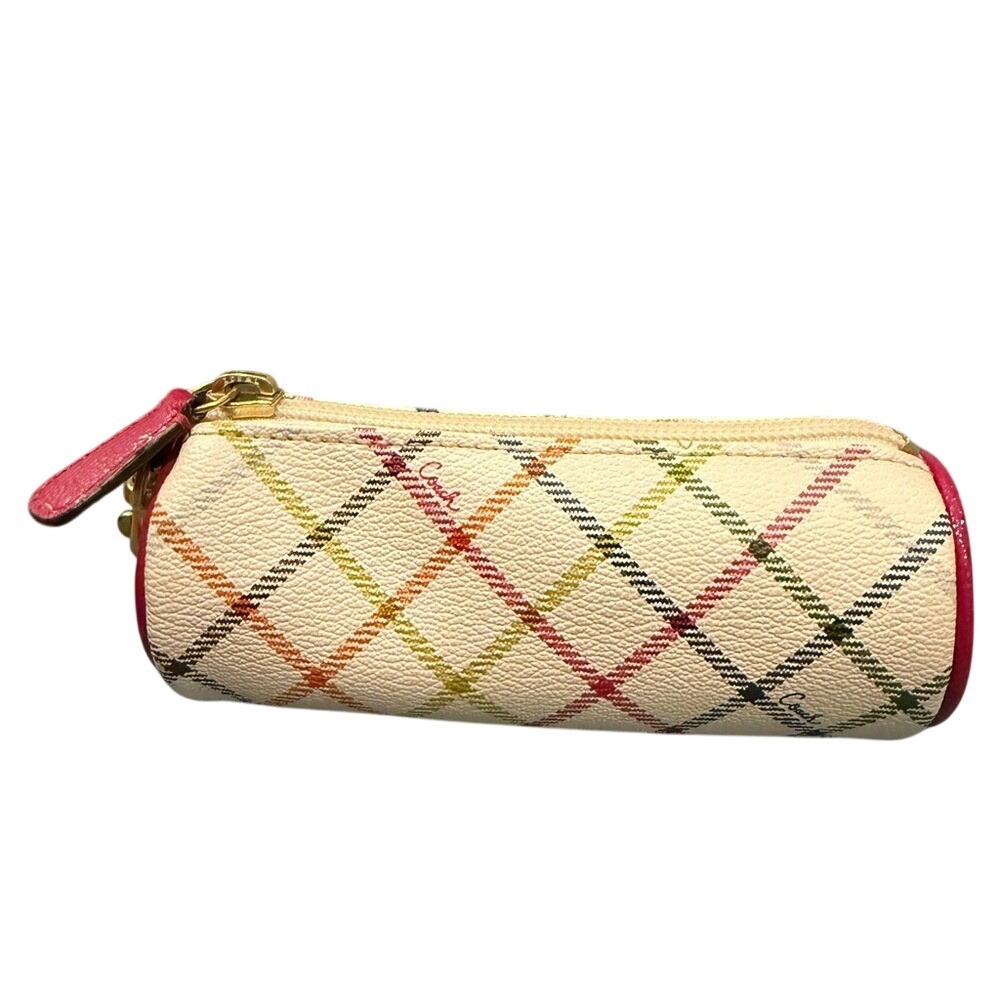 Coach Golf Ball Pouch Case Multicolor Tattersall Plaid Coated Canvas Pink‎ Trim
